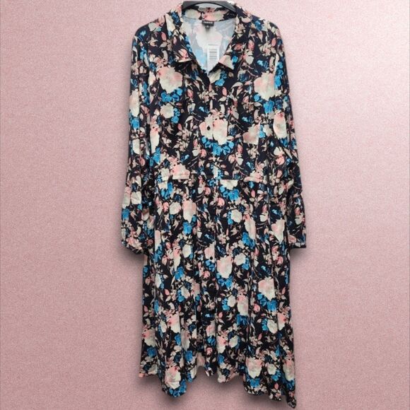 Torrid Midi Dress Womens 6X Black Floral Elastic Waist Button Up Long Sleeves - Picture 1 of 9